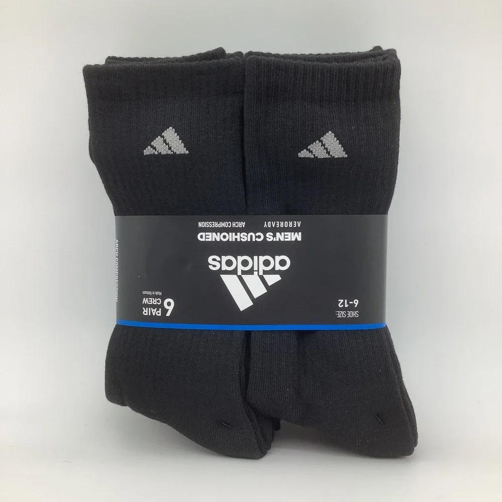 Adidas Mens‎ Aeroready Cushioned Crew Socks 6 Pair Black Shoe Size 6-12 New